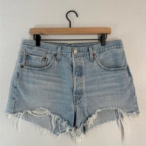 Levi's Light Blue 501 High Rise Distressed Jean Shorts